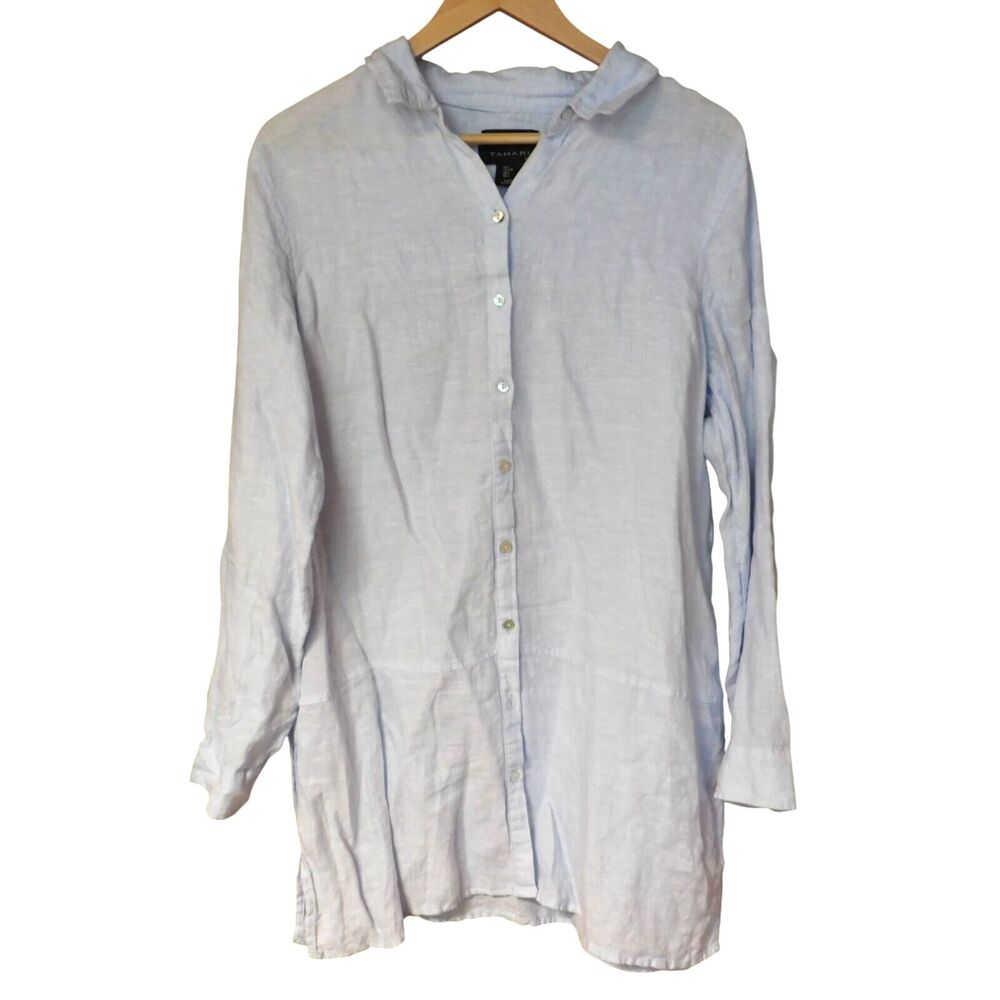 Tahari Women's Large Blue 100% Linen Long Sleeves Button Front‎ Shirt Top
